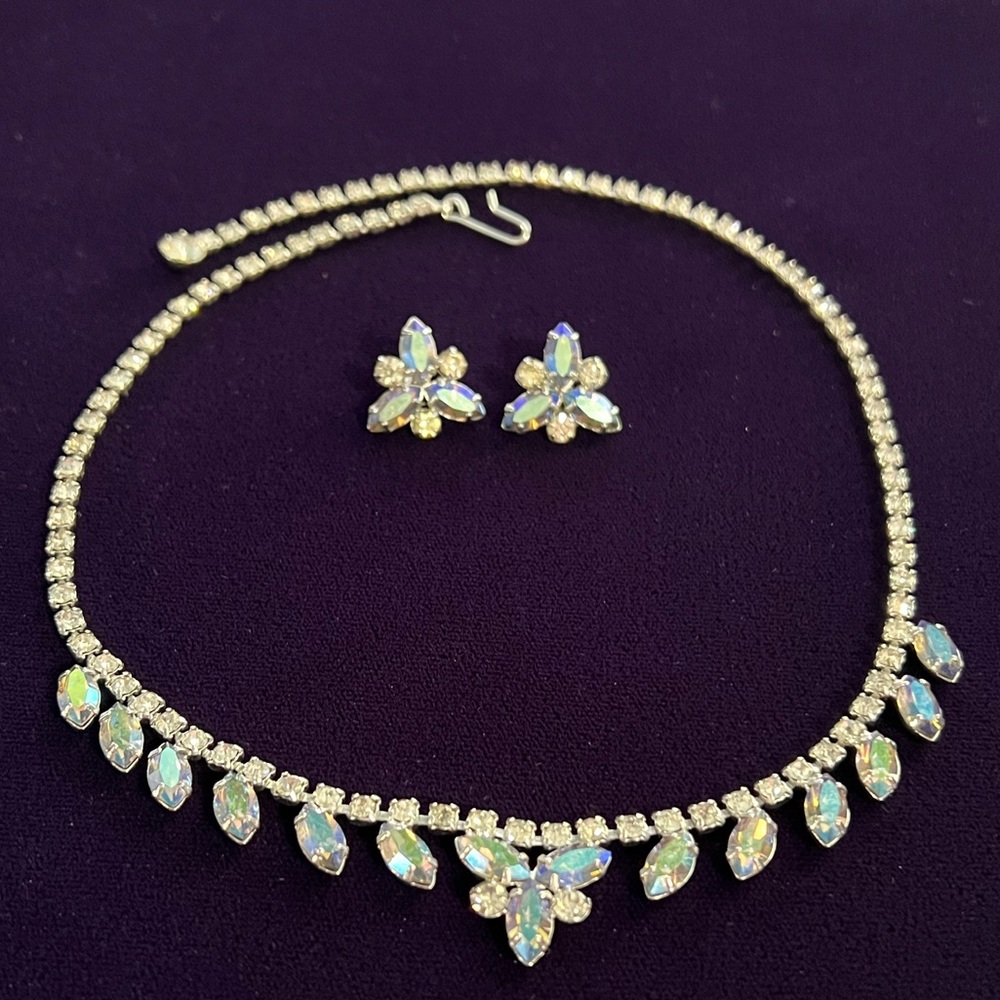 Vintage Signed B David Blue AB Rhinestone Necklace & Earring Set - Picture 1 of 5